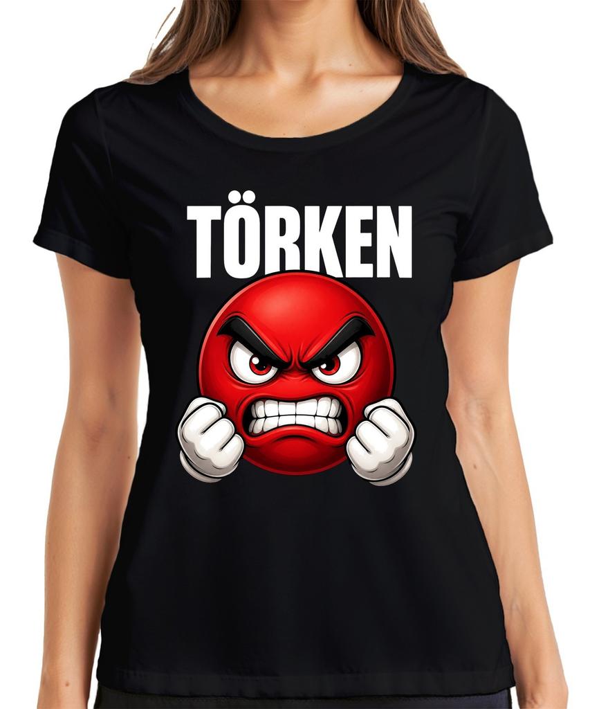 TURKS Angry Emoji Red Clenched Fists Comic Womens T-Shirt Red Smiley