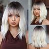 Ombre Platinum Blonde Bob Wig Short Curly Synthetic Wigs with Bangs for White Women Cosplay Daily Use Party Fake Hair