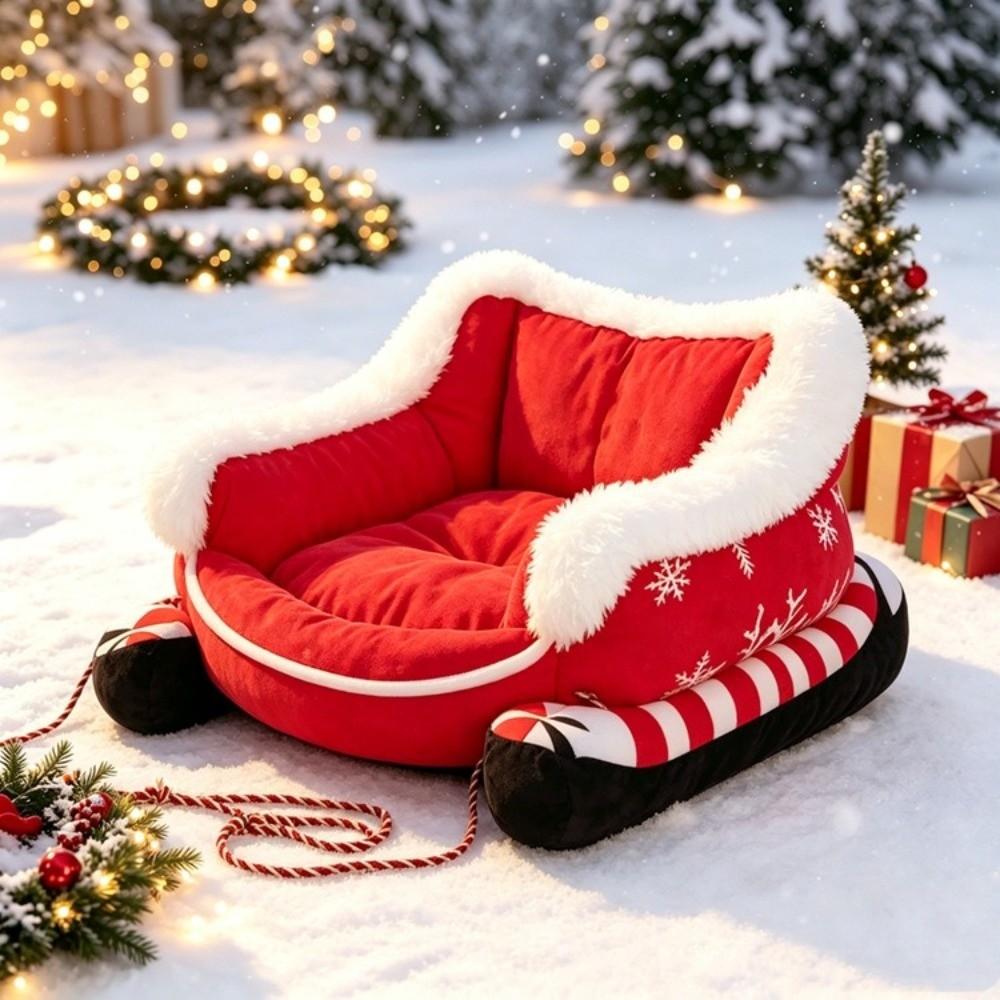 Bite Resistant Christmas Sleigh Pet Bed Reindeer Shape Christmas Dog Cushion Living Room