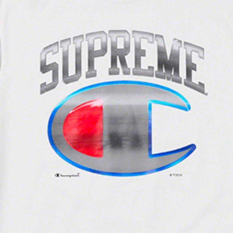 Supreme SS19 x Champion Хромированный свитшот с круглым вырезом Перекрестный на груди Крупный логотип Печать узора Унисекс Белый Мужской SUP-SS19-10249