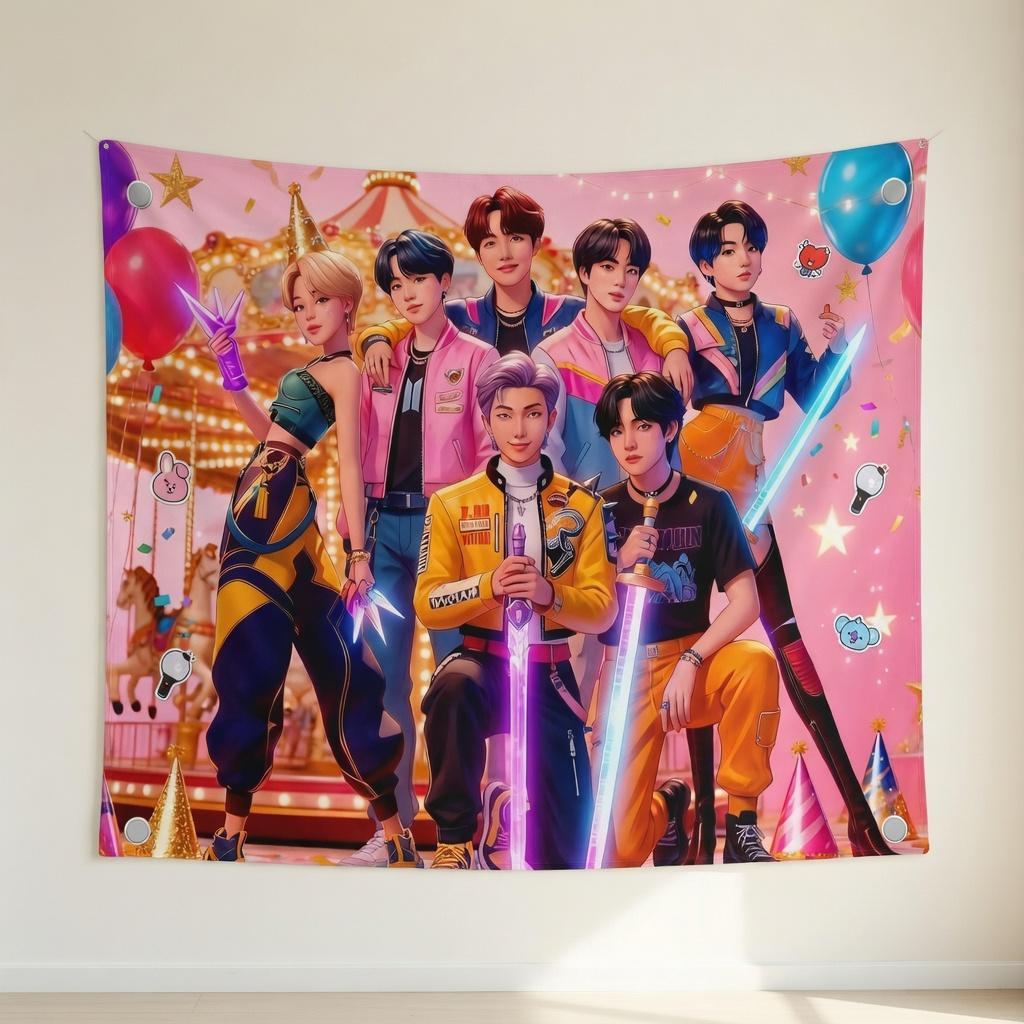Тапестри K-pop бой-группы OT7 Все 7 участников Y2K Розовая Эстетика Мягкое Флисовое Одеяло Настенное Украшение Подарок для Фанатов Декор Комнаты в Общежитии Мерч
