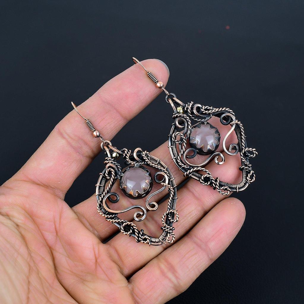 Серьги из розового кварца, обернутые медной проволокой 999 пробы, Ювелирные изделия из драгоценных камней ручной работы, Подарки для жены Совершенно новые серьги