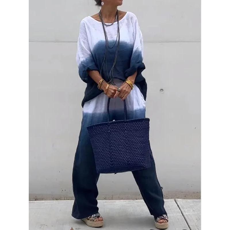 Женский комплект, модный топ из хлопка и льна с градиентом, топ с круглым вырезом с длинными рукавами и прямые брюки, комплект из двух предметов