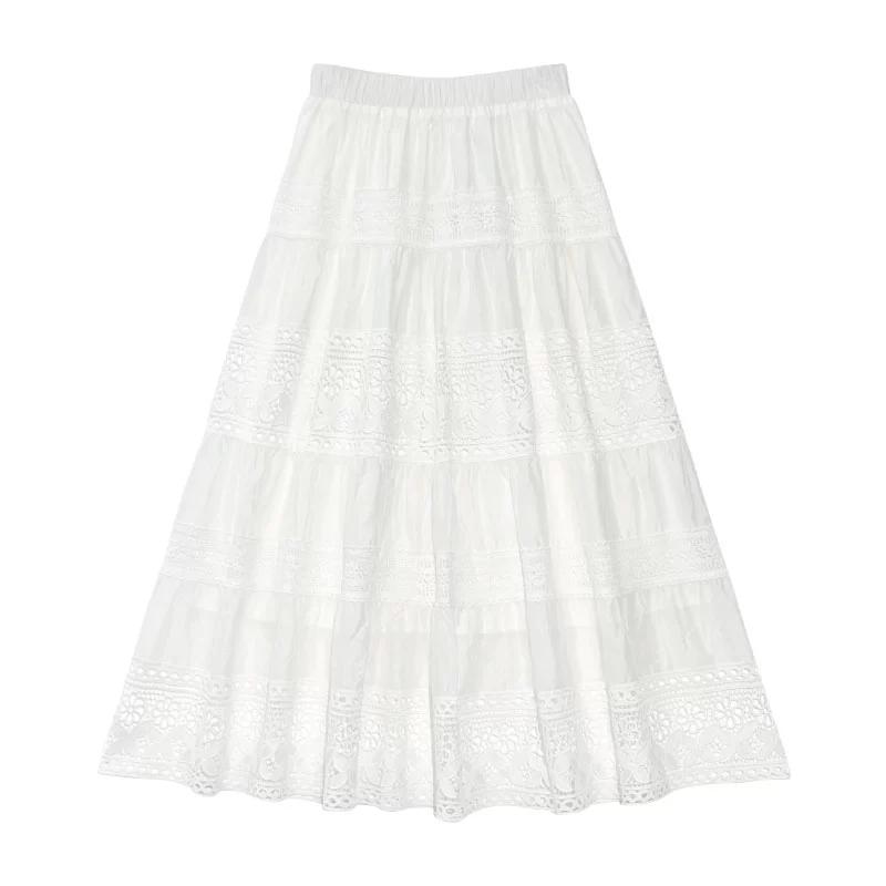 Dimanaf 2025 Летние женские новые юбки кружевные цветочные винтажные эластичные плиссированные элегантные белые юбки кружевные с высокой талией