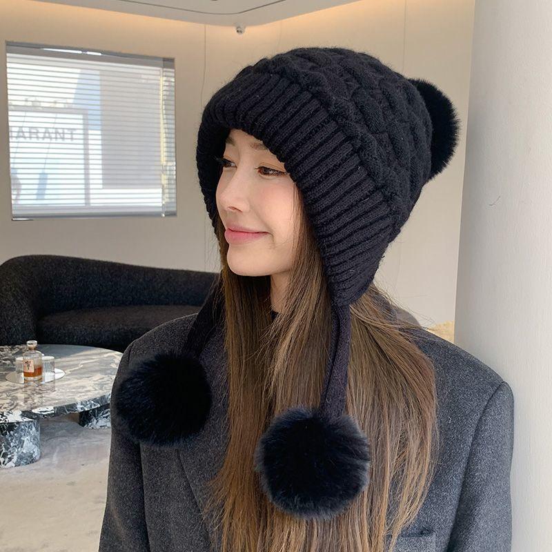 Wool Hat Women's Winter Plush Thickened Hairball Ear Protection Warm Hat Cold-proof Knitted Hat