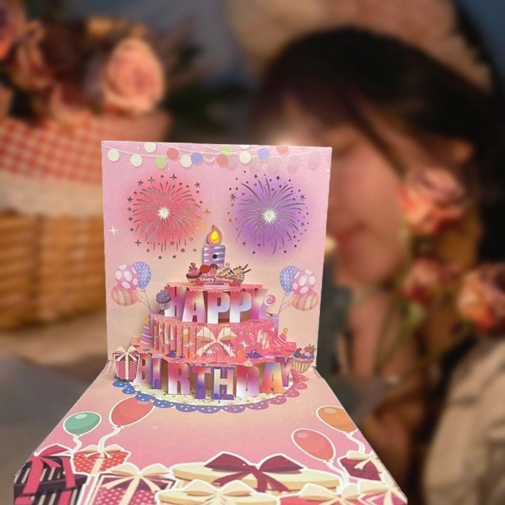 Fireworks Effect Happy Birthday Card Blowable Led Candle Birthday Cake Postcards  Mom