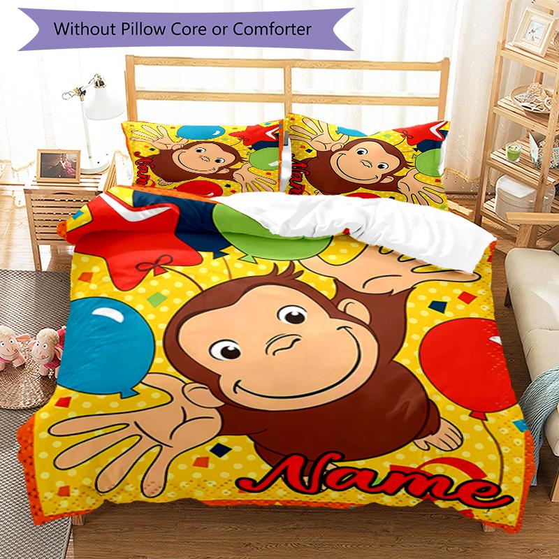 3pcs Custom Name Curious George Bedding Set Duvet Cover Closure Includes 1 Duvet Cover & 2 Pillowcases for All Seasons Bedroom Decor