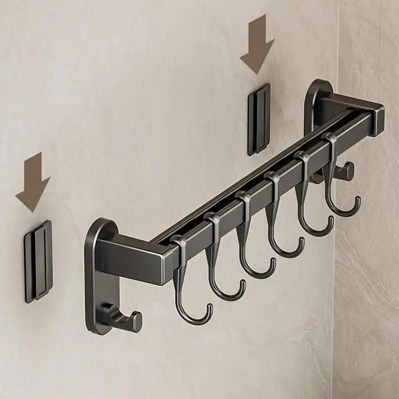 Adhesive Wall Mounted Pot Pan Rack, Kitchen Wall Mounted Detachable Pan Lid Utensils Organizer Hanging Rail with 6 Hooks