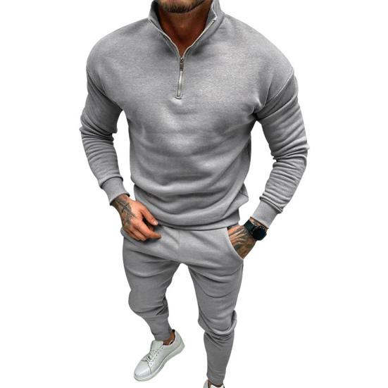 2 Pcs/Set Men Top Pants Suit Half-high Collar Long Sleeve Solid Color Soft Elastic Waist Zipper Thick Warm Pockets Men Winter Tracksuit Sweatshirt