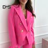 Women Suit Coat Lapel Long Sleeve Double Breasted Suit Jacket with Flap Pockets Solid Color Loose Fit Office Lady Outwear