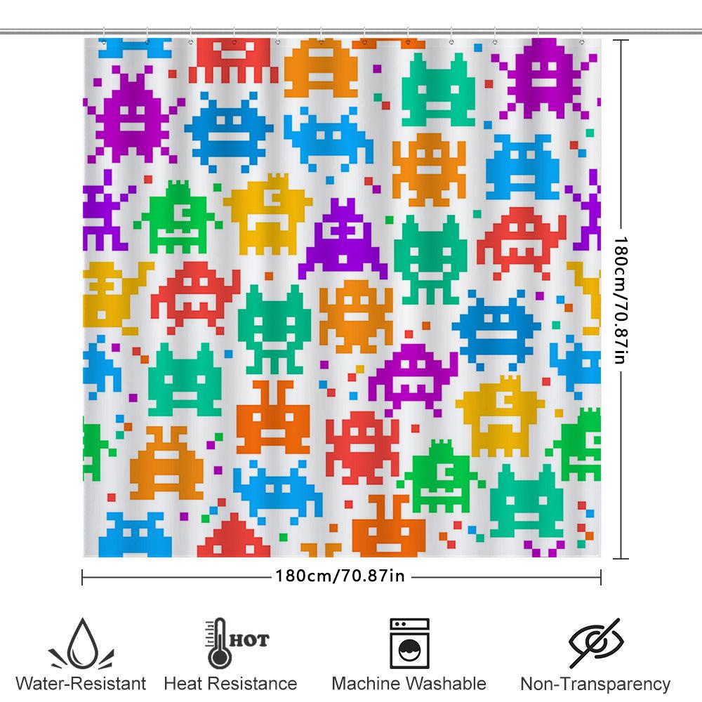Pixelated Space Invaders Shower Curtain Set Multi-Color Retro Video Game Decor For Bathroom