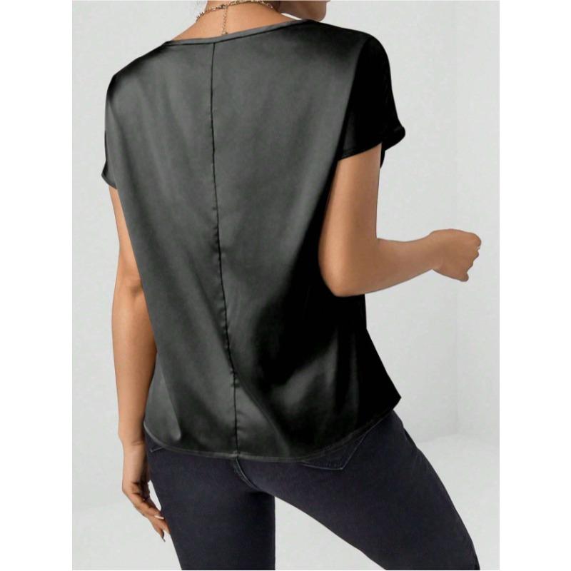 Летний женский однотонный повседневный топ с круглым вырезом, рукавами «летучая мышь» и атласным имитацией шелка, блузки и рубашки с короткими рукавами