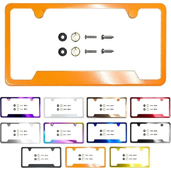 Рамка номерного знака с вырезом в нижнем углу, зеркальная хромированная электрогальваническая обработка цвета розового золота, универсальная посадка, алюминиевая накладка-крышка на винтах, нержавеющая сталь T304