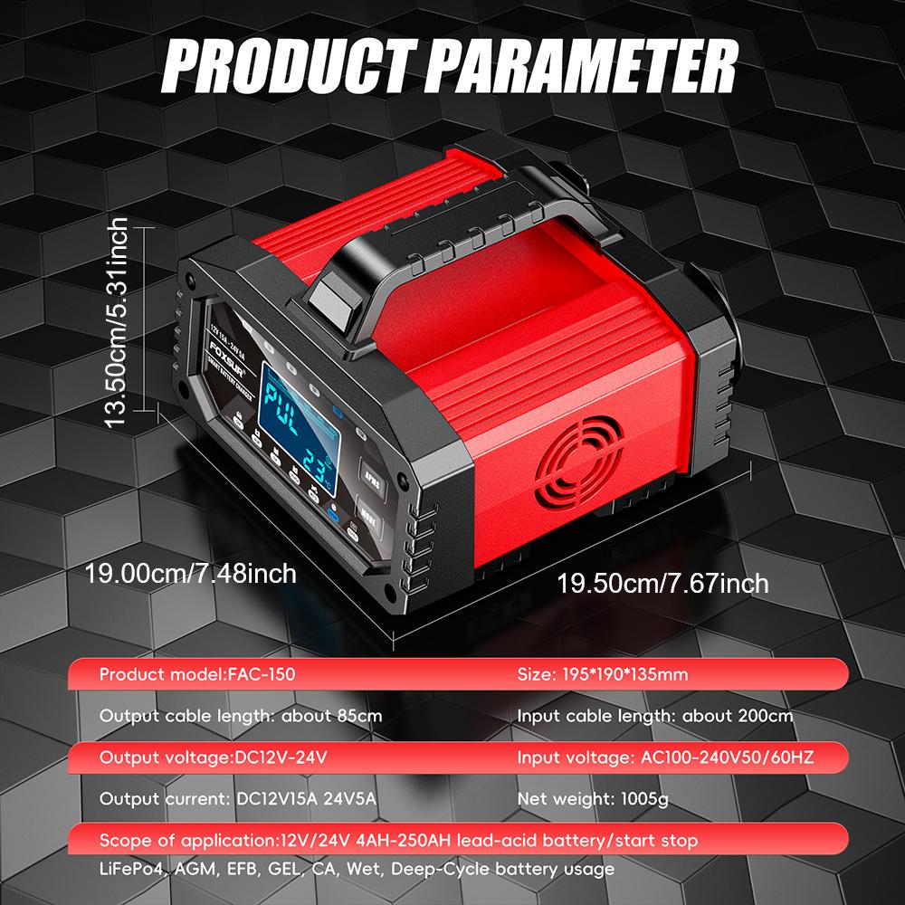 Protect Quick Charger Full Automatic 12V/24V Car Battery Charger Intelligent for Repair Car Maintainer Multiple Protections 300W LCD Display