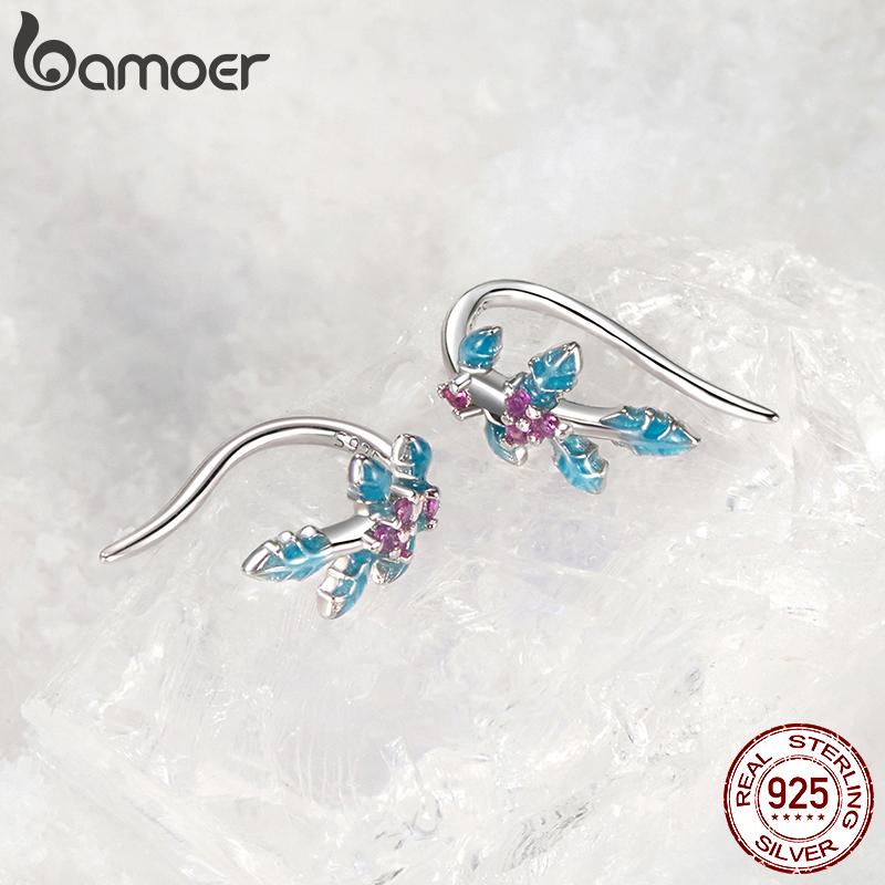 BAMOER 925 стерлингового серебра Рождественский подарок ювелирные изделия Holly Open Ring Красочные серьги-гвоздики с листьями цветов Специальный подарок на Новый год