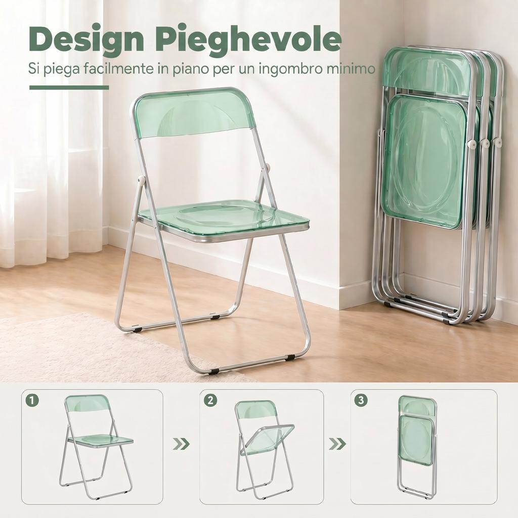 Set of 4 Clear Acrylic Folding Chairs. Green