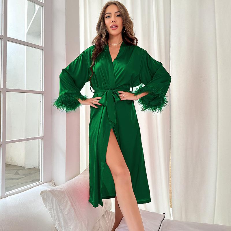 Модная женская пижама из сатина с длинными рукавами, отделкой из перьев и материалом Ice Silk