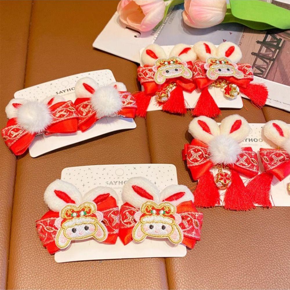 Bunny Plush Rabbit Hairpin Tassel Chinese New Year Headwear Sweet Bow Hair Clip  Children