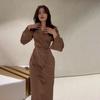 Autumn Women's Fashion Solid Color Long Dress Elegant Long Sleeve Waist V-Neck Chain Dress
