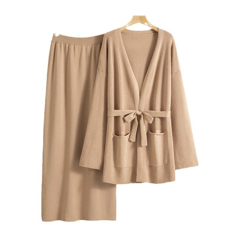 Плюс размер женская весенняя новая V-образная горловина свободная трикотажная юбка стильный кардиган комплект из двух предметов