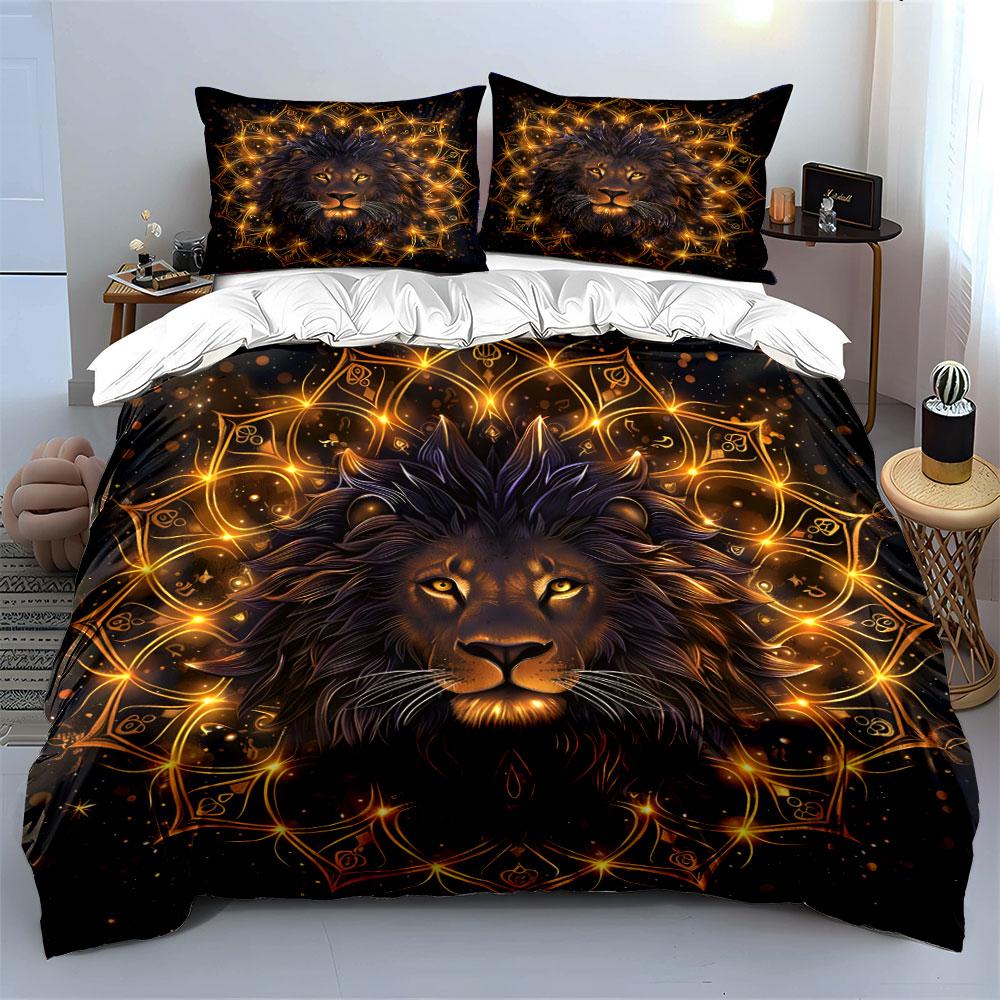"Golden Lion Mandala Art Set" Exquisite Three-Piece Bedding Set Gift For Kids And Adults