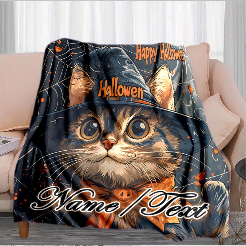 1PC Custom Name Halloween Cat Hat outdooor Flannel blankets Throw Blanket All-Season Throw Gift Bedspread for Couch, Bed, Camping Holiday Birthday gif