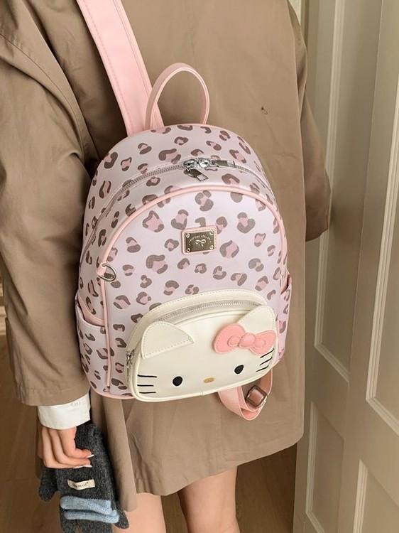 Hello Kitty Cute Leopard Print Pu Backpack With Multiple Compartments For Teens