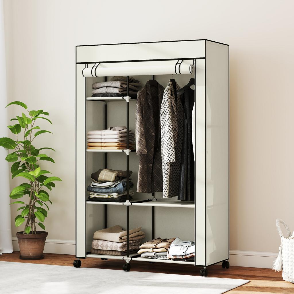 Schrank aus Stoff, Aufbewahrungslösung, 6 Regale, 1 Kleiderstange, Creme