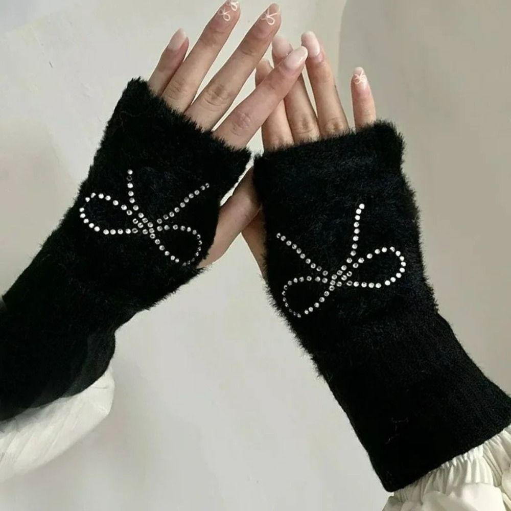 Hotfix Rhinestone Bow Gloves Plush Half Finger Mittens Soft Knitted Gloves  Outdoor
