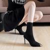 Mid-barrel Boots Elastic Boots Pointed Toe Thin Heels for Women Mujer Black Ankle Stretch Fabric Winter High Heel Rome Boots