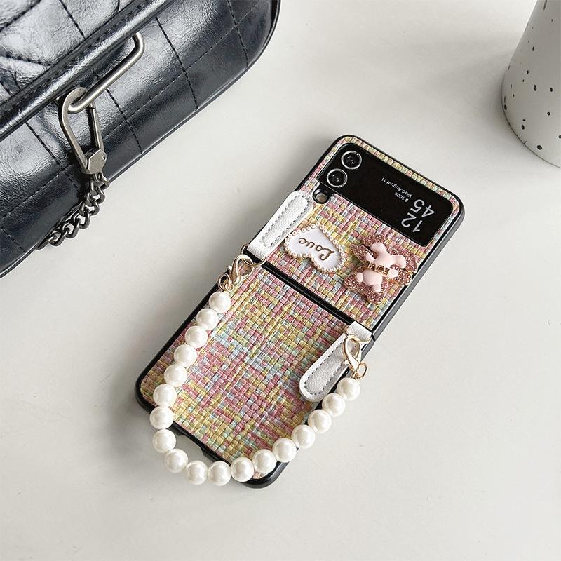 Bear Mobile Phone Case Flip Foldable Mobile Phone Case for Samsung Zflip4 Pearl Hand Chain 5 Heart Xflip
