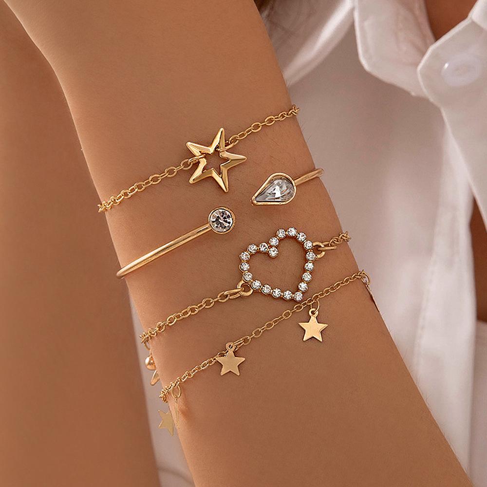 5Pcs/Set Green Shiny Charm Bracelet for Women Crystal Zircon Jewelry Adjustable Luxury Trendy Bracelet Daily Decoration