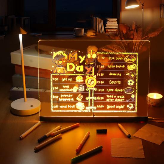 LED Note Board Rechargeable Acrylic Memo Pad Erasable Glowing Message Board To-do List Board Reusable Weekly Planner