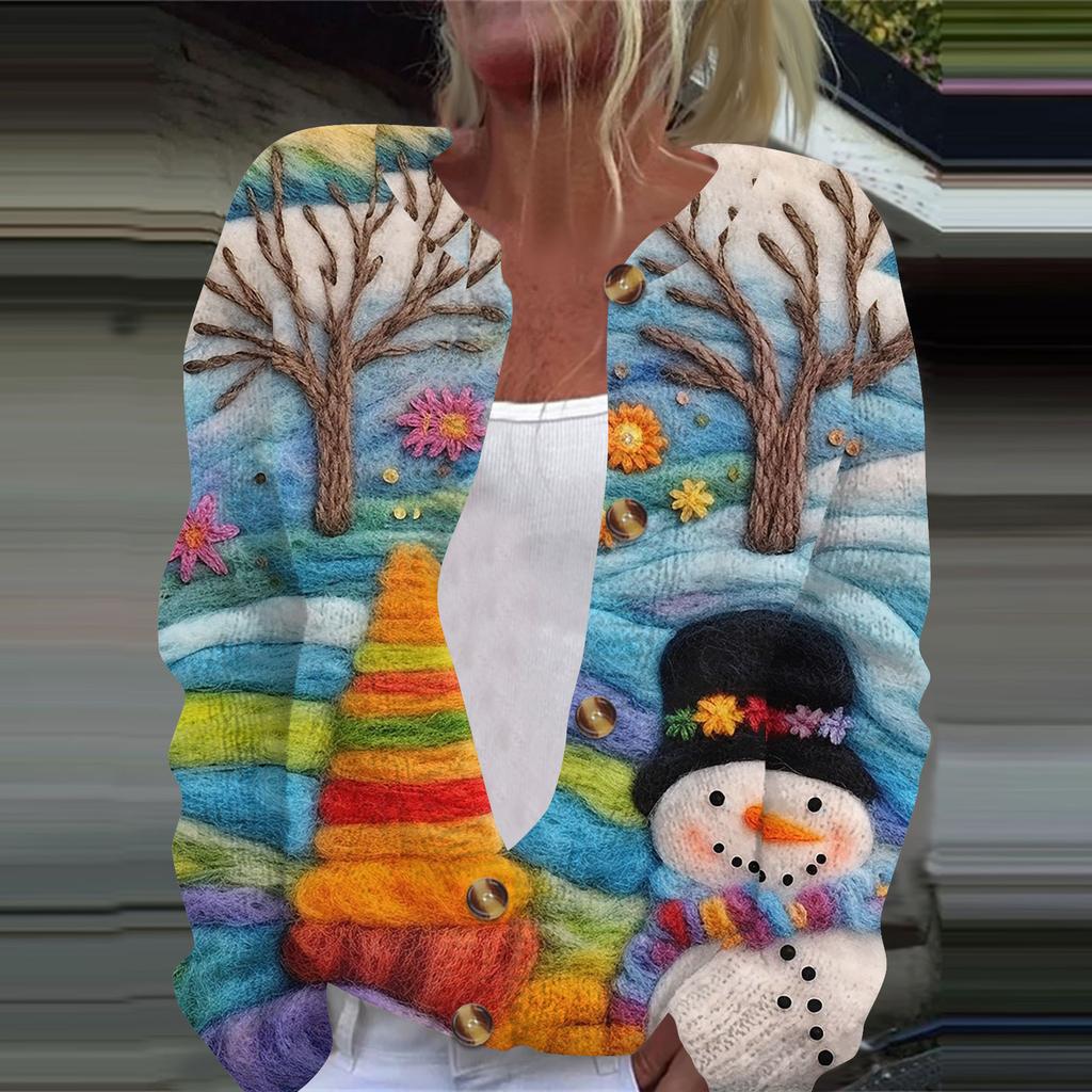 Women's Fashion Christmas Printed Long Sleeve Knitted Cardigan Button Down Jacket