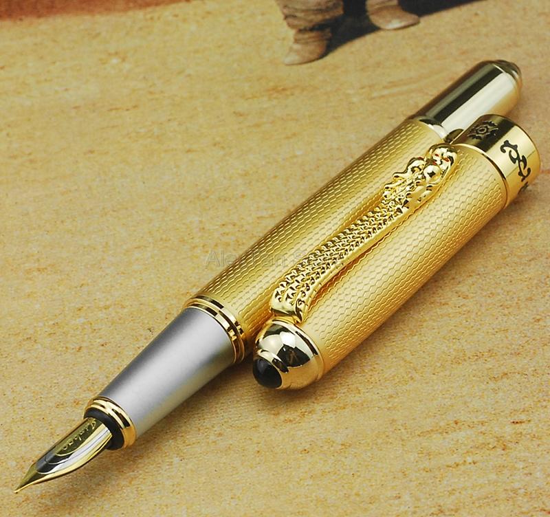 Jinhao Большая перьевая ручка Классический стиль Зажим в виде дракона, M-перо Золотой цвет Пишущая ручка для подписи Деловые офисные принадлежности