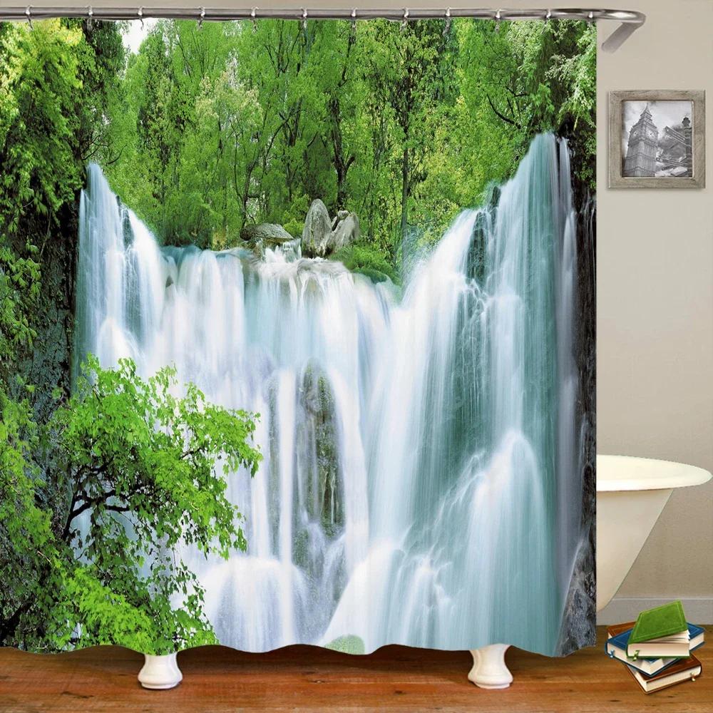3D Natural Landscape Waterfall Forest Printed Bathroom Shower Curtain Polyester Waterproof Curtain With Hook Home Decor Curtain