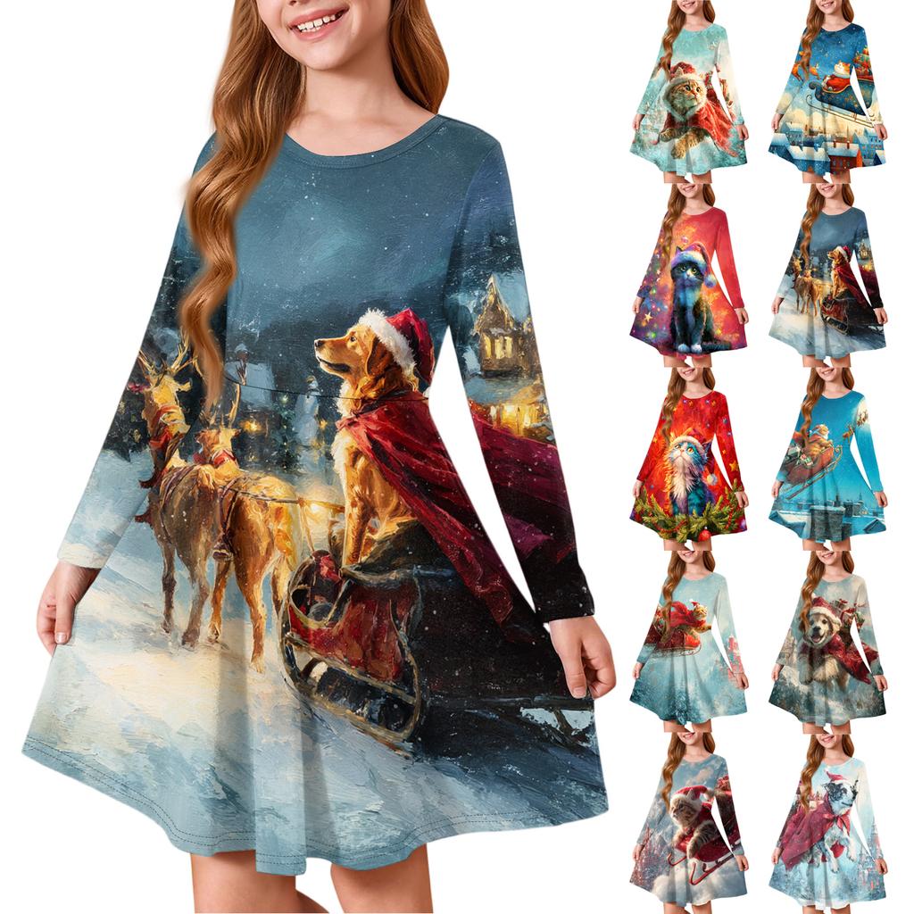 Girls' Princess Dress - Long Sleeve A-Line T-Shirt Dress Christmas Day