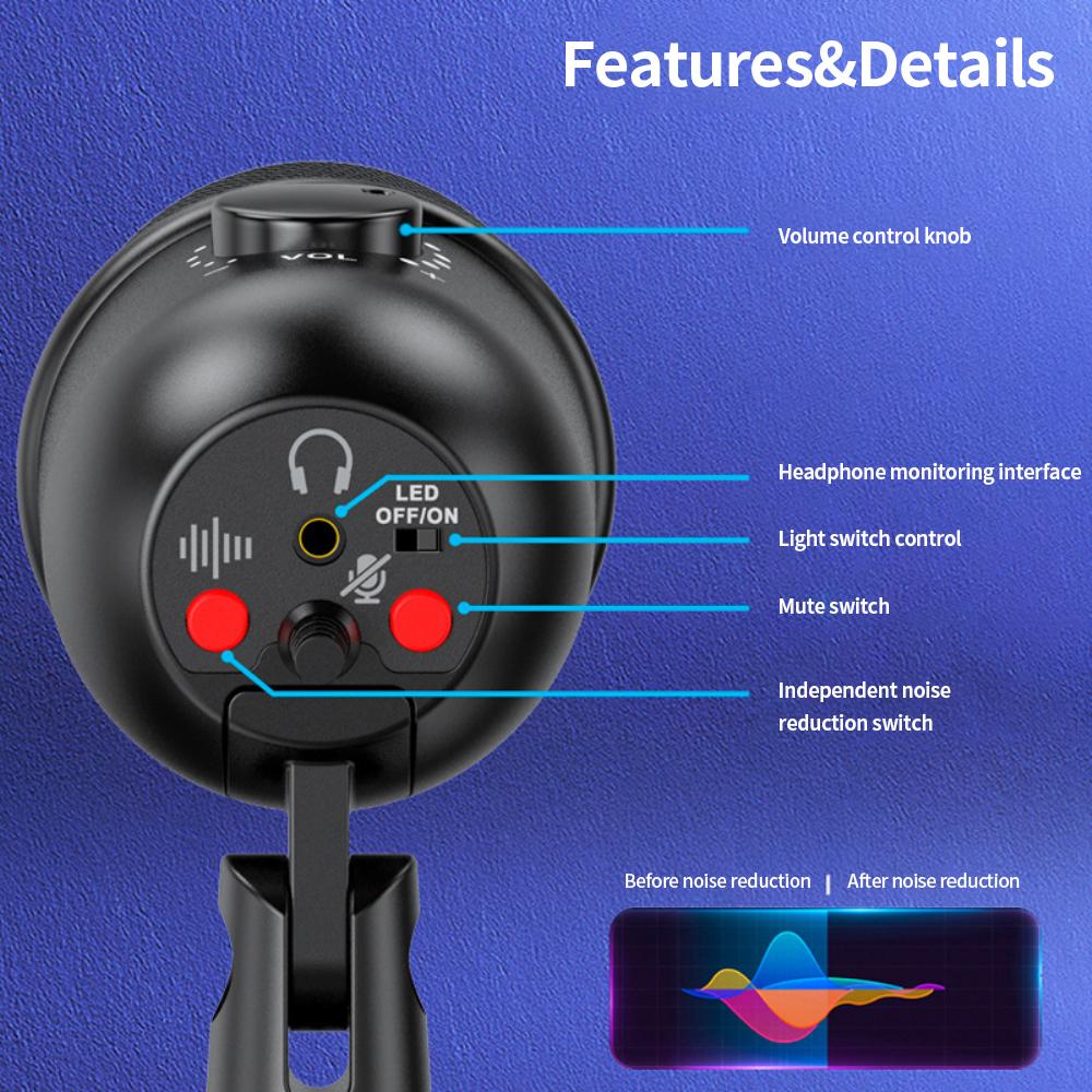 Recordable Noise Reduction Luminescent Rgb Microphone Give Out Light Usb Microphone Denoise Condenser