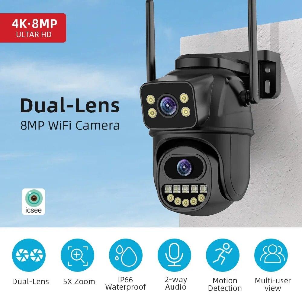 Новая внутренняя камера наблюдения EU 4K 4/8MP Wi-Fi с двойным объективом, 4-кратным цифровым зумом, AI, обнаружение человека, уличная водонепроницаемая PTZ-камера безопасности, IP-камера ICSEE