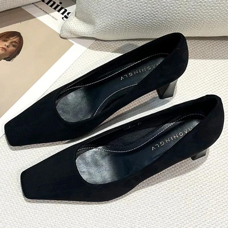 Женские туфли на высоком каблуке с квадратным носком, модные туфли на толстом каблуке, сексуальные туфли-лодочки с мелким вырезом, женские сандалии, новый тренд 2025, весенние, удобные, элегантные, Mujer