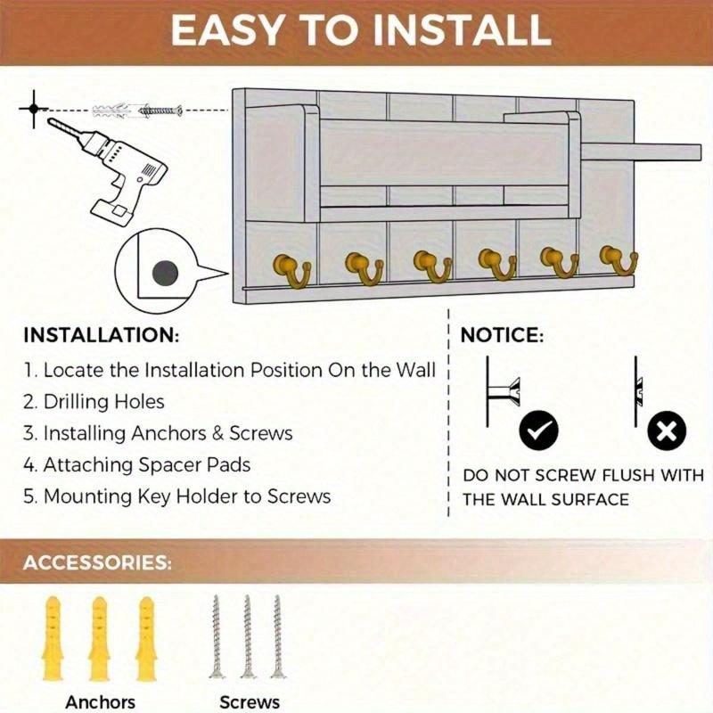 1pc Vintage Wooden Wall Mounted Key Rack with Mail Holder & Tray - Easy Install, Suitable for Farmhouse Decor In Living Room, Kitchen