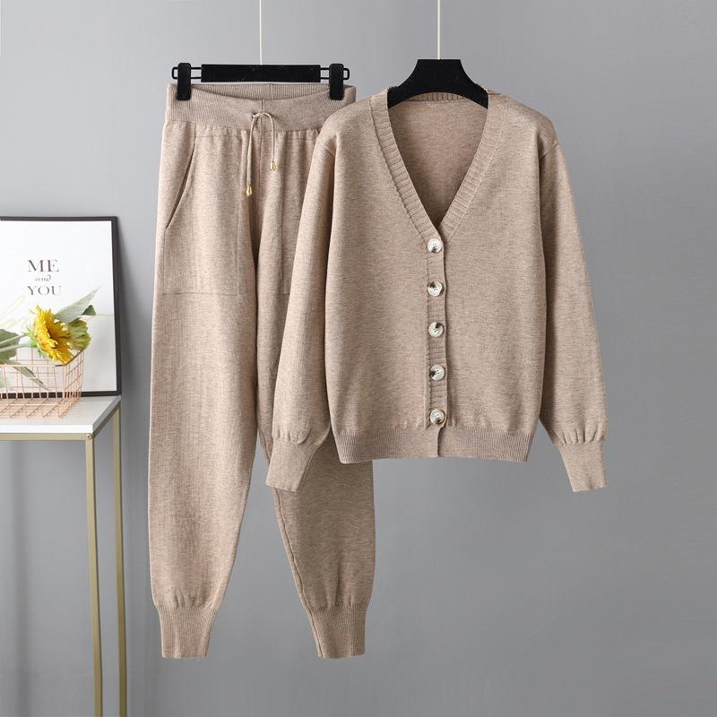 Autumn and Winter New Collar Cardigan Sweater Harlan Pants Set Solid Color Cardigan Sweater Two-piece Set