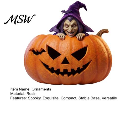 Halloween Pumpkin Witch Resin Figurine, Spooky Bat Detailed Tabletop Decor, Stable Window Ornaments Base Mini Statue for Showcase Home Party