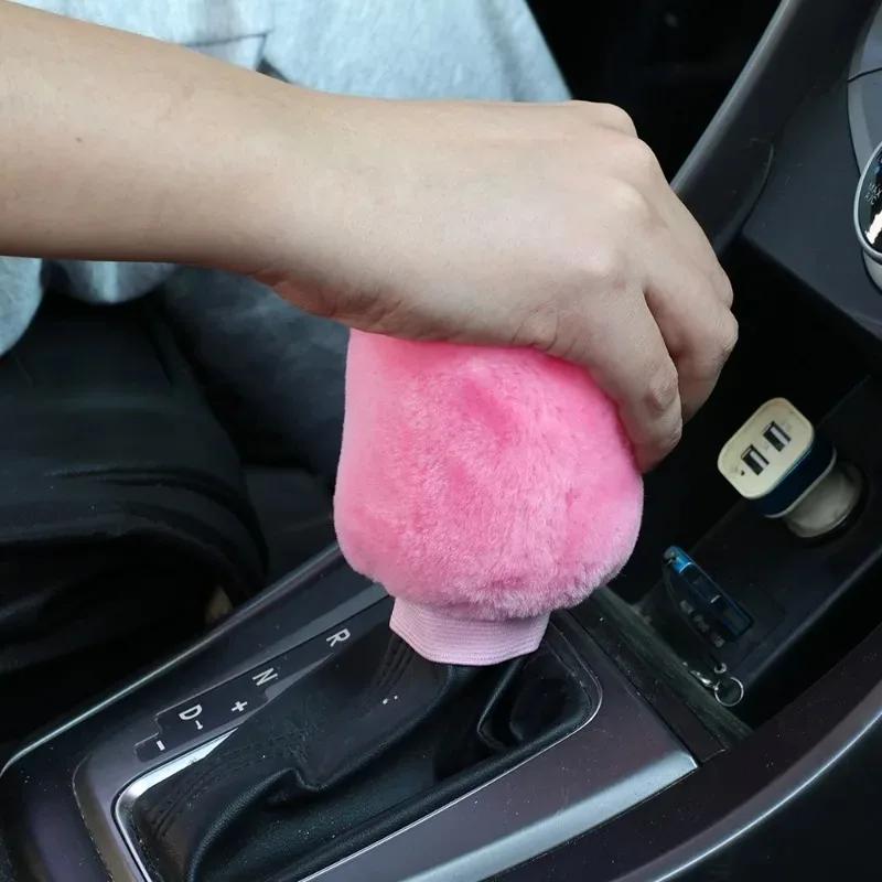 2Pcs Car Handbrake Grip Covers Gear Shift Knob Cover Handle Plush Sleeve Winter Soft Warm Hand Brake Car Accessories for Girls