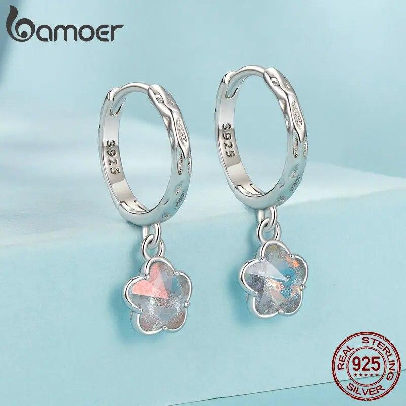 BAMOER 925 Sterling Silver Fantasy Ice Flower Hoop Earrings Sweet Flower Ear Buckles for Women Girls Party Fine Jewelry Gift