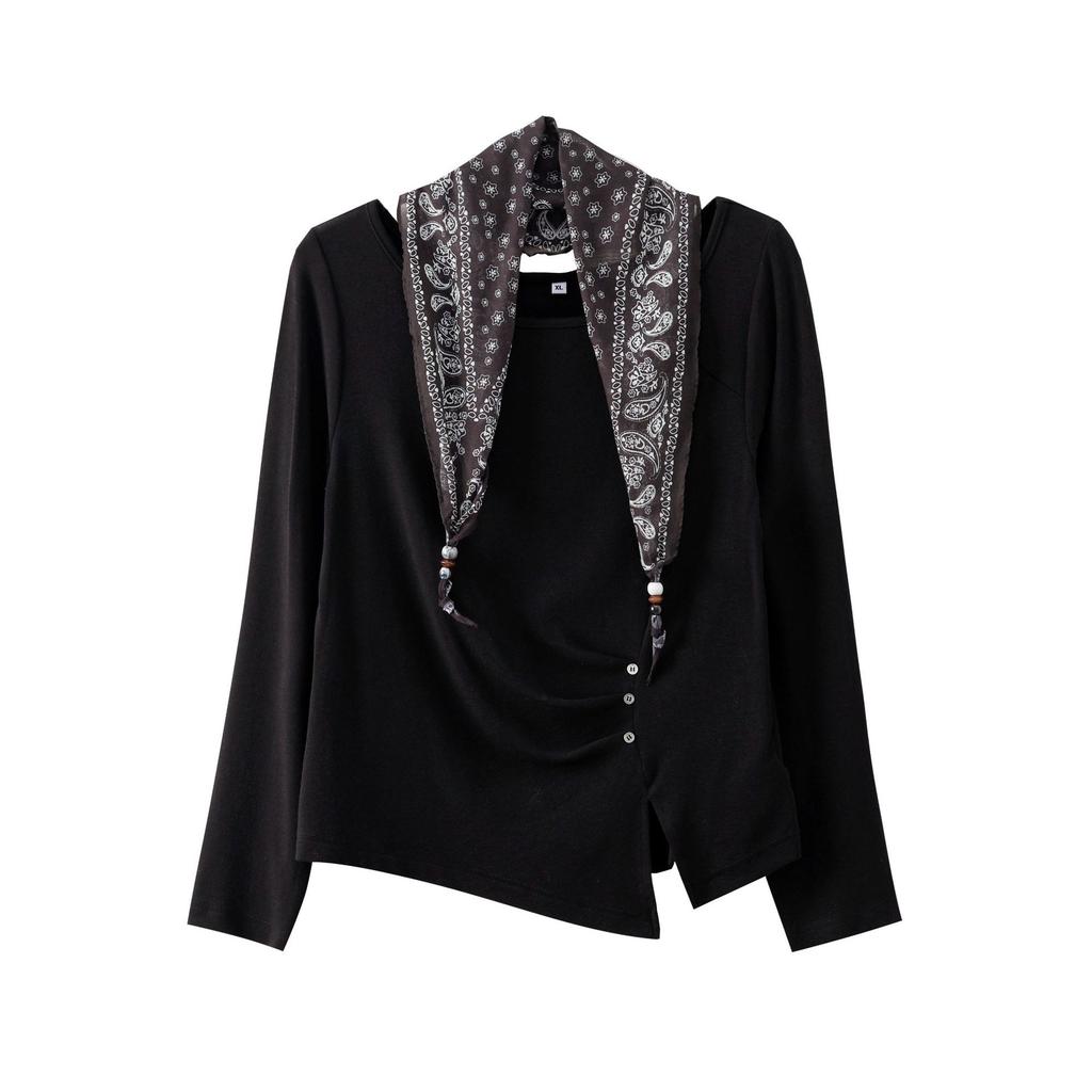 Korean version irregular waist bottoming shirt autumn large size fat mm casual thin T-shirt with silk scarf 343499