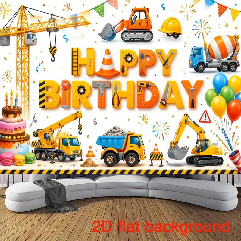 Construction-Themed Happy Birthday Banner with Excavator, Dump and Cement Mixer Balloons, Party Backdrop for Birthdays, Graduations, Photo