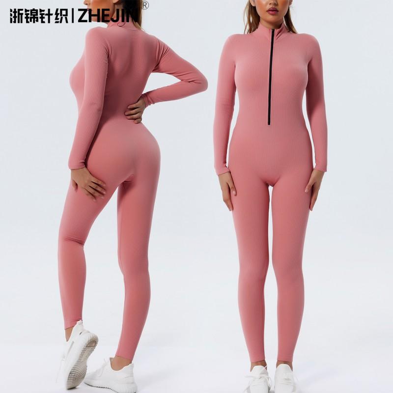 Womens High-Elastic Quick-Dry Ribbed Seamless Yoga Jumpsuit With Zipper Fit Sports Bodysuit