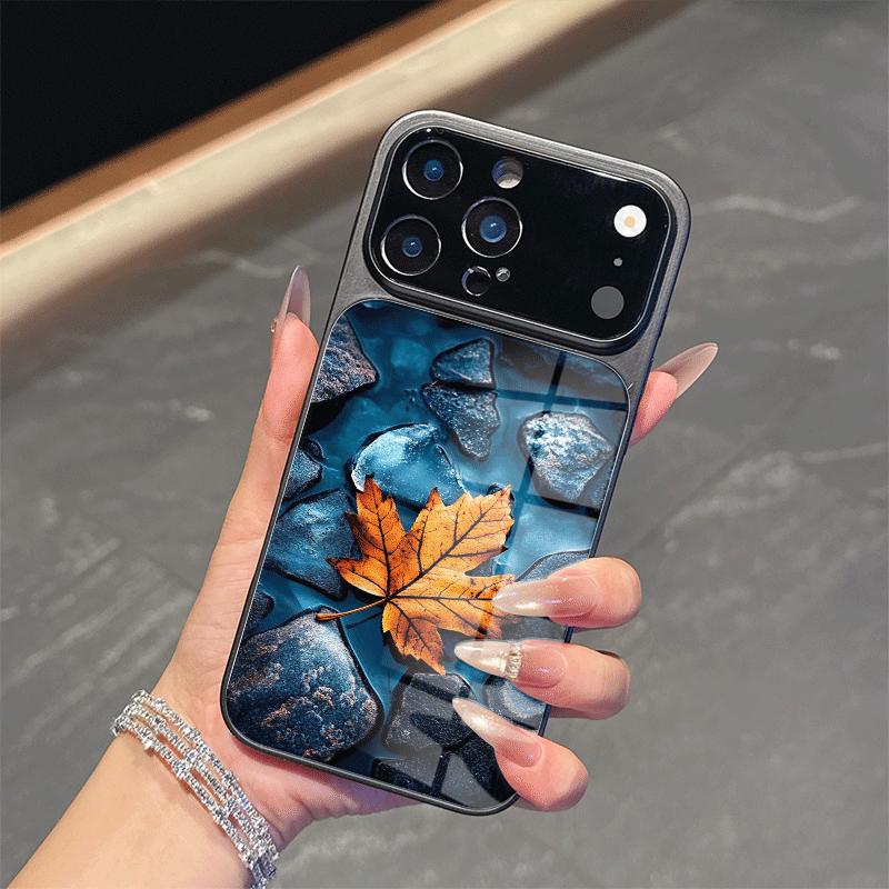 Эстетичный Чехол для Телефона из Оранжевого Стекла с Рисунком Осенних Кленовых Листьев для iPhone 17 16 Pro Max 15 14 13 12 Mini 11 X XS 7 8 14Plus