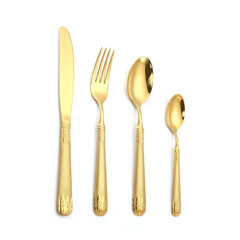4Pcs Golden Dinnerware Stainless Steel Flat Wheat Ears Handle Dinner Knife Fork Cutlery Set Service Silverware Flatware Kitchen